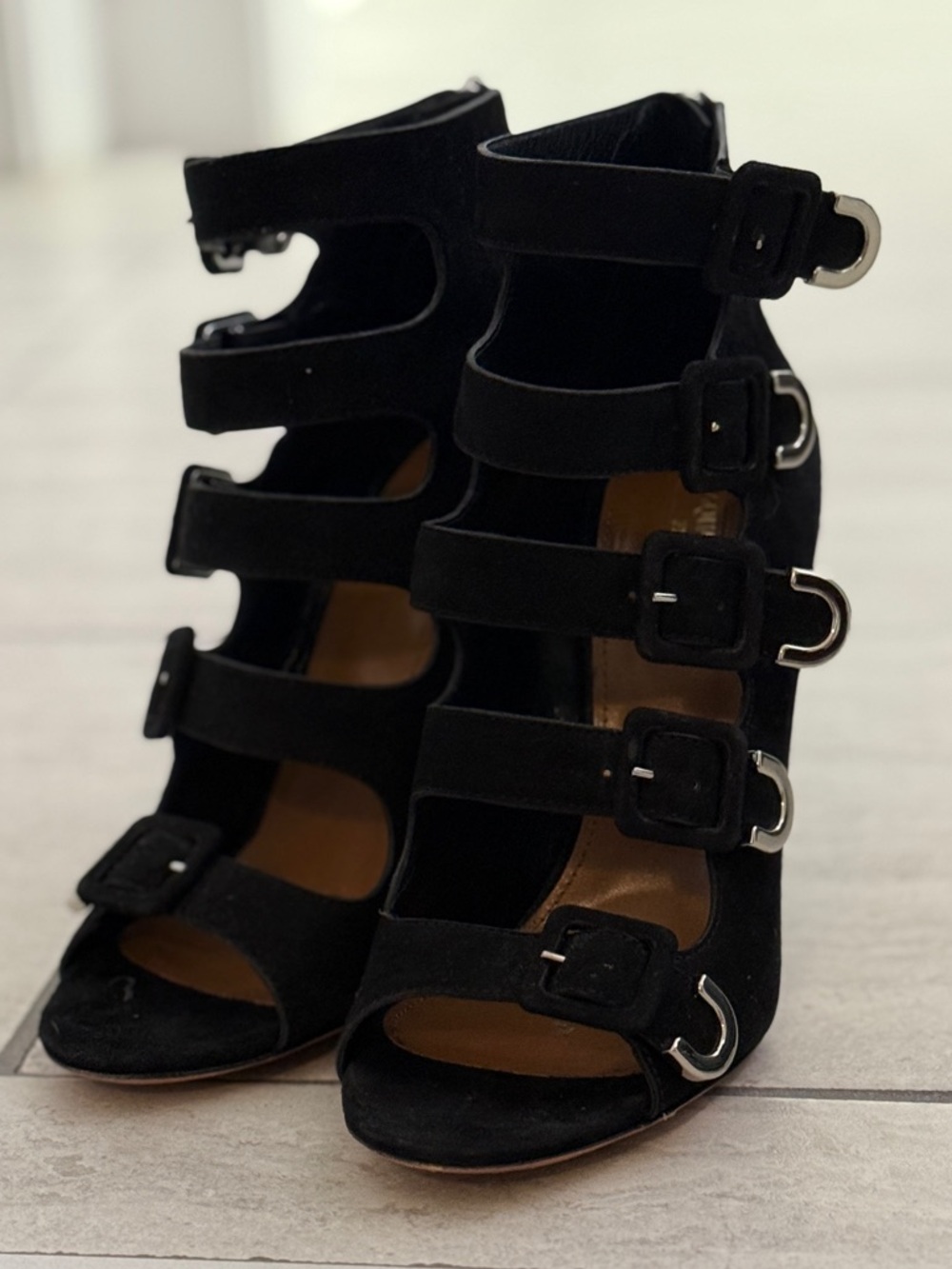 Aquazzura Multi-Buckle Suede Cage Heel | Black Sculptural Stiletto | size 39.5 - Picture 2 of 12